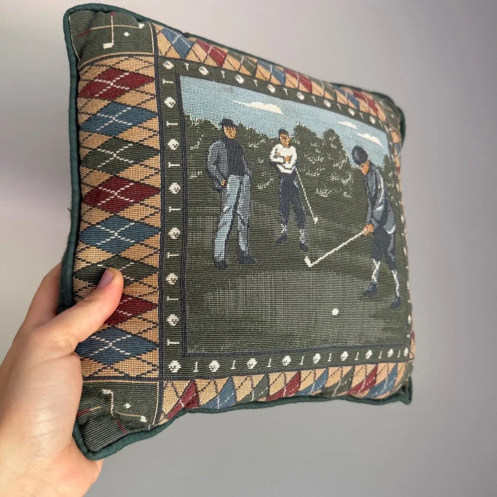 Vintage Golf Tapestry Throw Pillow Argyle Border Green Decorative Cushion 10x10